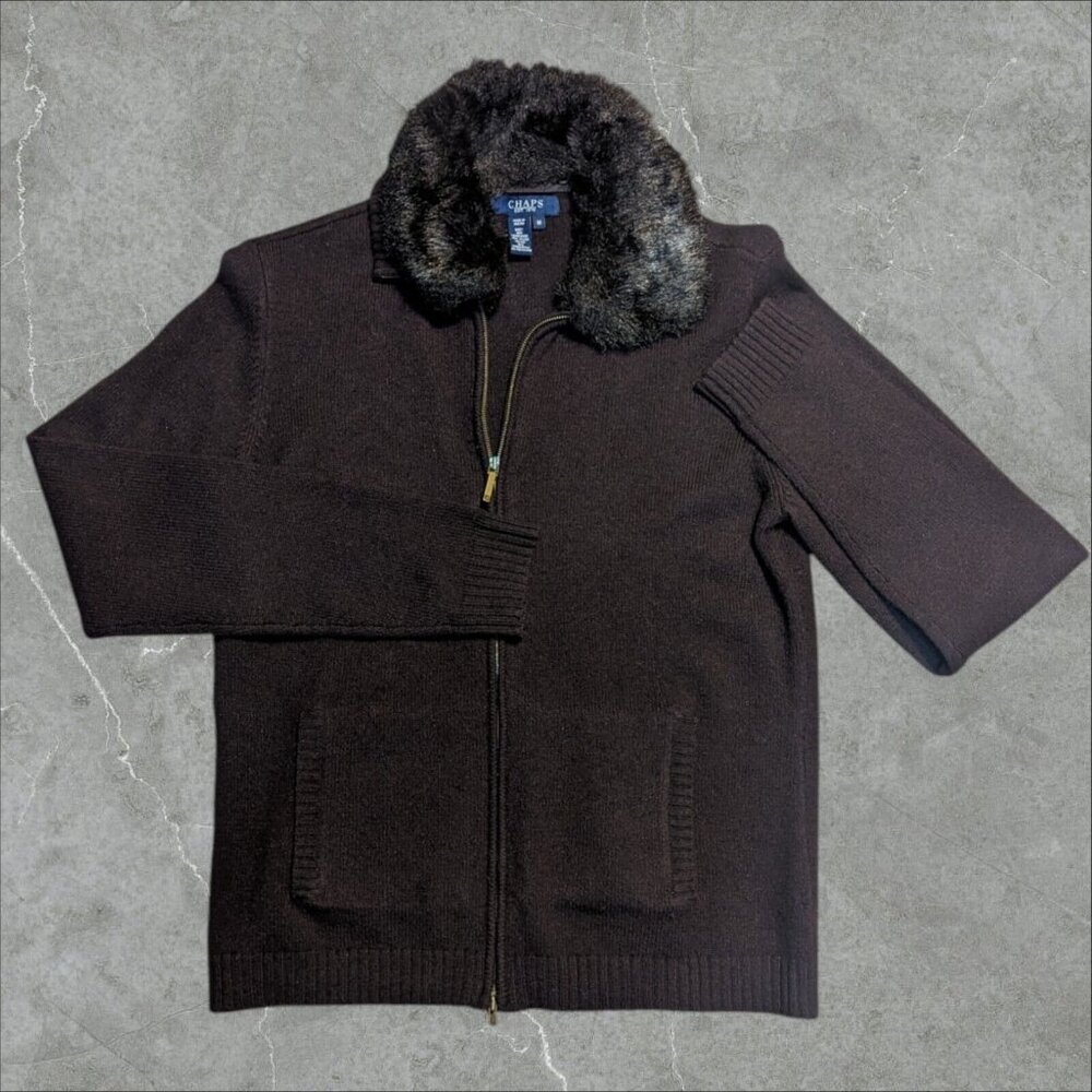 Chaps Wool Blend Fur Trim Women Full‎ Zip Sweater Size Medium Cardigan